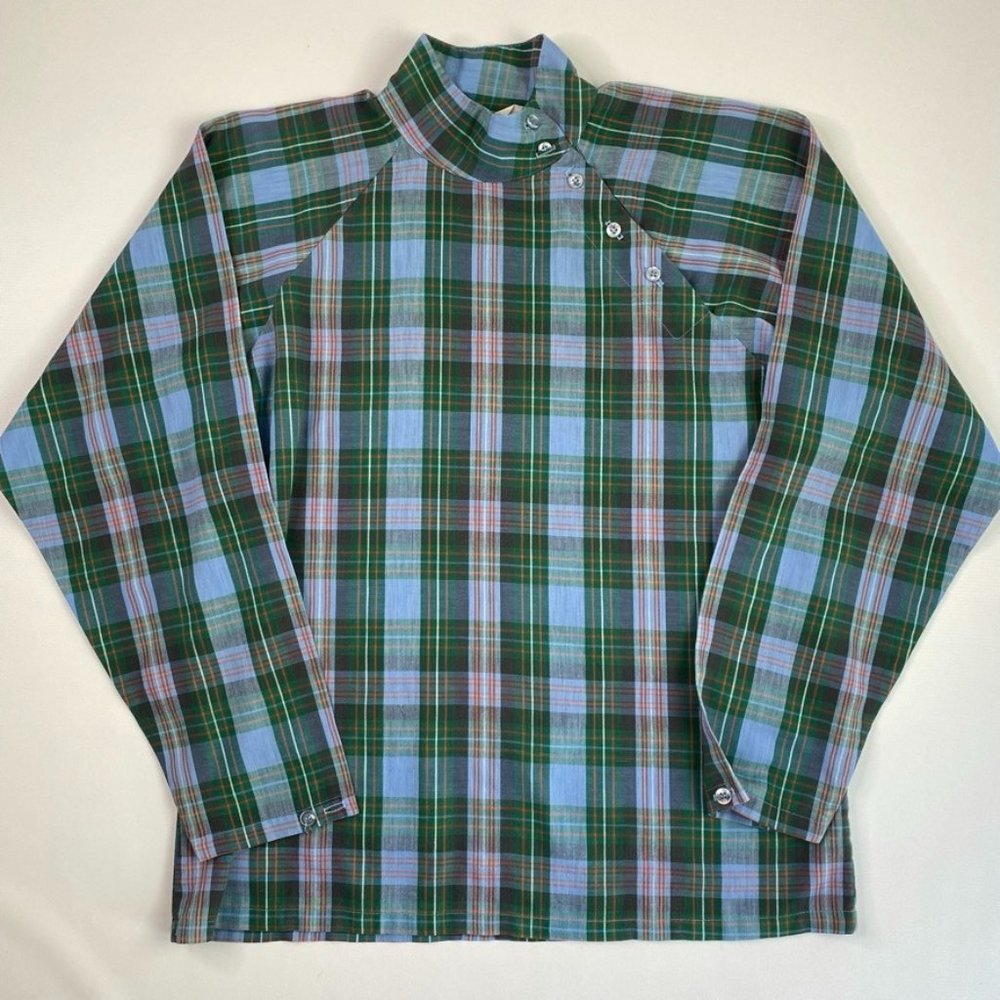 Women Plaid Smocked Mock Neck Top Shirt